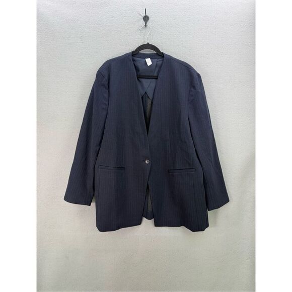 Spanx Womens Navy Striped One Button Perfect Collarless Ponte Blazer Size 2X - Picture 1 of 10